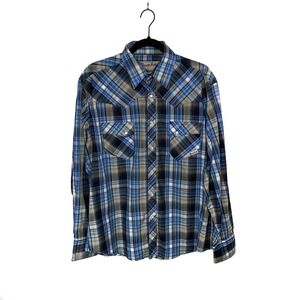 Wrangler Wrancher Pearl Snap Button Long Sleeve Plaid Shirt Men's Sz L Western